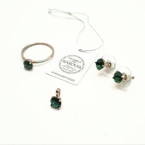 Swarovski Emerald Green Sterling Silver Ring Pendant Earrings Jewelry Set